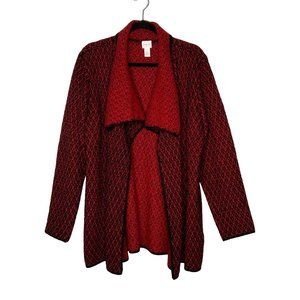 Chicos Womens Red Textured Jacquard Jackie Wool Cardigan Sweater Size 2 Large